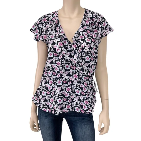 Floral Wrap Blouse Womens Medium Black V Neck Banana Republic - Picture 2 of 14